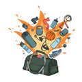 A duffel bag sits at the bottom with various gym items explosively arranged above it Royalty Free Stock Photo
