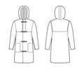 Duffle coat technical fashion illustration with hood, long sleeves, oversized body, knee length, patch pockets, toggle