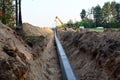 A Dug trench in the ground for the installation and installation of industrial gas and oil pipes. Royalty Free Stock Photo