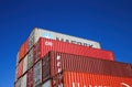 View on stack steel freight containers at german rhine inland port against blue sky