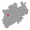 Duisburg red highlighted in map of North Rhine Westphalia DE