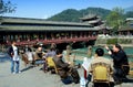 Dujiangyan, China: Outdoor Tea House & Bridge Royalty Free Stock Photo