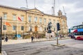 The Duke of Wellington Statue and bell tower of Balmoral Hotel in Edinburgh Royalty Free Stock Photo