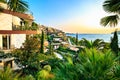 Dukley Gardens - elite real estate along Adriatic sea coast, has modern villas and luxury apartments. Rich resort on sunset, hotel Royalty Free Stock Photo