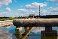 Dukora Belarus Minsk Region. Thermal energy electricity station plant cooling system fountains and lake in sunny summer