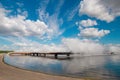 Dukora Belarus Minsk Region. Thermal energy electricity station plant cooling system fountains and lake in sunny summer