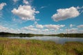 Dukora Belarus Minsk Region. Thermal energy electricity station plant cooling system lake in sunny summer warm weather