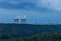 Dukovany nuclear power plant in the Czech Republic, Europe. Smoke cooling towers. There are clouds in the sky. In the foreground Royalty Free Stock Photo