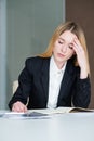 Dull boring work sad business woman office papers Royalty Free Stock Photo