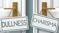 Dullness and charisma as a choice - pictured as words Dullness, charisma on doors to show that Dullness and charisma are opposite Royalty Free Stock Photo