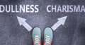 Dullness and charisma as different choices in life - pictured as words Dullness, charisma on a road to symbolize making decision Royalty Free Stock Photo