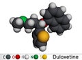Duloxetine antidepressant drug molecule. It is used to treat anxiety disorder, neuropathic pain, osteoarthritis. Molecular model