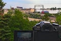 Duluth Minnesota aerial lift bridge with ore ship entering canal Royalty Free Stock Photo