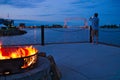 DULUTH, MN - JULY 2, 2018 - Aerial lift bridge with fire pit and tourist