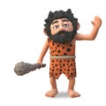 Dumb cartoon 3d caveman in animal pet waving hello and carrying a barbaric club, 3d illustration