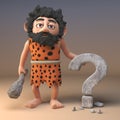 Dumb 3d prehistoric caveman character carves a question mark symbol in rock, 3d illustration