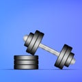 Dumbbell with disks on a blue, gradient background. Shadow. Copy space. Place for text. Sports equipment, gym, fitness Royalty Free Stock Photo