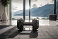 Dumbbell equipment on luxuries carpet home fitness area. Generate ai Royalty Free Stock Photo