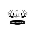 Dumbbell. Fist. Bodybuilding logo label badge. Hand holding dumbbell. Sport sign. Vector.