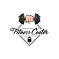 Dumbbell in fist. Gym weightlifting and fitness sport club logo. Vector file. Royalty Free Stock Photo