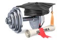 Dumbbell with graduation cap and diploma. 3D rendering