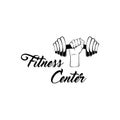 Dumbbell hand. fitness center logo label. Sport symbol. Vector