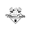 Dumbbell, hand, Kettlebell Fitness center logo label embelm. Fitness motivation poster. Sport equipment. Vector. Royalty Free Stock Photo