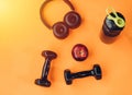 Dumbbell, headphones equipment for workout exercise Royalty Free Stock Photo