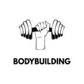 Dumbbell icon. Bodybuilding label. Hand holding weight. Sport equipment. FFitness badge. Vector.