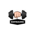 Dumbbell icon. Bodybuilding logo, label, emblem. Hand holding weight. Fitness badge. Sport equipment. Vector.