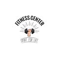 Dumbbell icon. Hand. Fitness center badge logo label. Hand grasping dumbbell. Sport for life lettering. Vector.