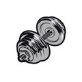 Dumbbell icon or logo. Sporty mood. Chromed workout dumbbell.