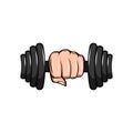 Dumbbell icon. Sport equipment. Fitness badge. Hand holding dumbbell. Vector.