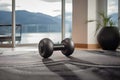 Dumbbell on luxury carpet home gym area. Generate ai