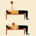 Dumbbell overhead press. Top body workout. Upper body exercises. Flat vector illustration