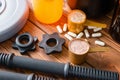 Dumbbell with plastic stamp, and sports nutrition shaker