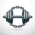 Dumbbell vector illustration surrounded by iron chain.