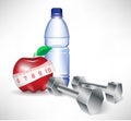 Dumbbell with water bottle and apple with measure