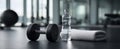 The dumbbell, water bottle, and towel on a gym workout surface..AI generated image Royalty Free Stock Photo