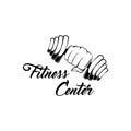 Dumbbell weight. Hand lifted dumbbell. Fitness center logo label. Vector illustration.