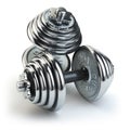 Dumbbell weight on white. Chrome fitness equipment.