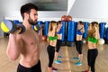 Dumbbell weightlifting man women group at mirror