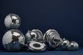 Dumbbell and mirror balls. Fitness New Year and Christmas background