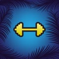 Dumbbell weights sign. Vector. Golden icon with black contour at