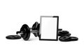 Dumbbell with weights and tablet computer on white background with copy space, online fitness video or application template