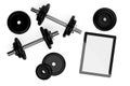 Dumbbell with weights and tablet computer on white background flat lay top view from above with copy space, online fitness video