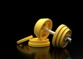 Dumbbell with yellow plates isolated on black background Royalty Free Stock Photo