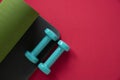 Dumbbell and yoga mat on table Royalty Free Stock Photo