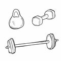 Dumbbells and barbell for fitness, vector doodle illustration, hand-drawn sketch