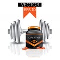 Dumbbells, capsules and a jar with creatine. Vector illustration. Sports and sports nutrition.